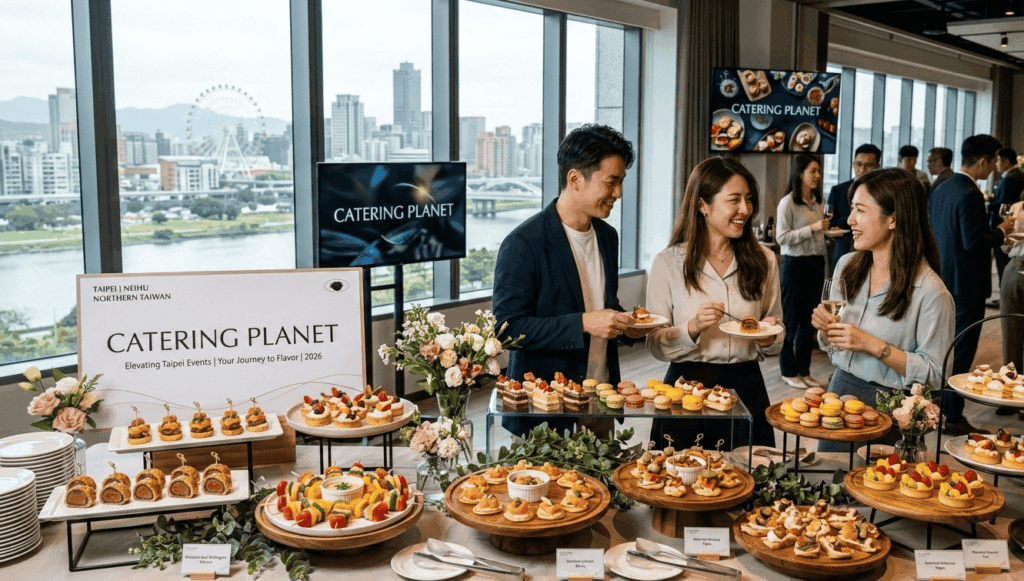 外燴星球-2026台北高質感外燴服務現場佈置，包含精緻點心、馬卡龍與企業派對氛圍。